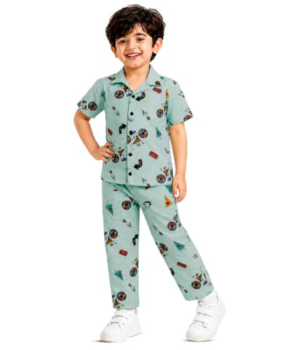 Image of 3BROS Unisex Pure Cotton Short Sleeve Kids Night Dress for Boys & Girls Nightwear /Sleepsuit /Sleepwear /Loungewear Night Suit for Boys and Girls Top and Pyjama Combo Set
