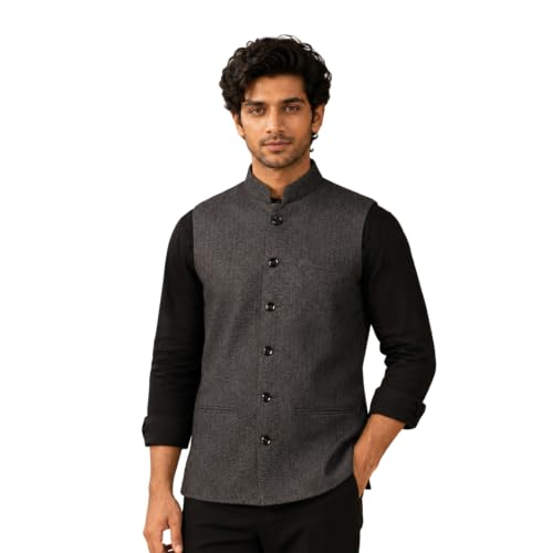 Image of Vastraa Fusion Men's Blue & Grey Chequered Woolen Blended Festive Nehru Jacket /Waistcoat