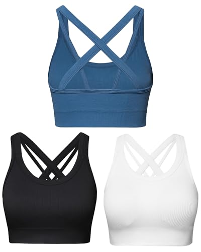 Sports Bras for Women HIigh Support, Criss-Cross Back Padded Strappy High Impact Sports Bras for Women Large Bust(0001_Black+White+Blue_L)