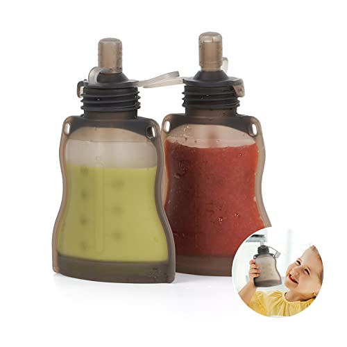 Image of haakaa Silicone Refillable Squeezy Baby Food Yummy Pouch Homemade Organic Food for Babies/Toddlers/Kids, 2 Pack 4 oz, Grey