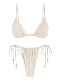 seamoly Swimsuit for Women 2026 Ribbed Beaded Ruched Bikini Sets Tie Side Thong Sexy Two Piece Swimwear Beige X-Small