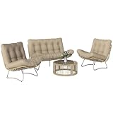 Outsunny Gartenmöbel Set 4-teilig Polyrattan Lounge-Set mit Zweisitzer 2 Sessel Glastisch Breitem & Tiefem Sitz Dicke Kissen, modular Balkonmöbel für 4 Personen Sitzgruppe für Garten Balkon Braun