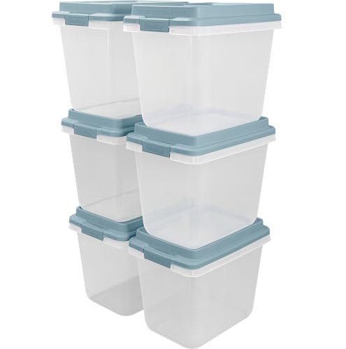 Hefty 6 Pack 32 Quart Lift Off Stackable Plastic Storage Bin and Lid, Smoke Blue