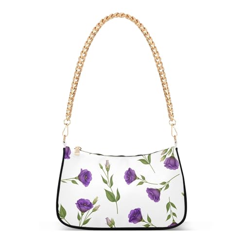 Purple Floral White Handbag Medium Womens Ladies Shoulder Bag Floral Zipper Hobo Purse Clutch with Chain Strap