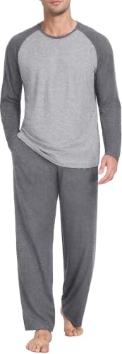 PrinStory Men's Pajama Set Sleepwear Pjs Lightweight Long Sleeve Crewneck Shirts and Bottoms Soft Comfy Sleep Sets Dark Gray US XL