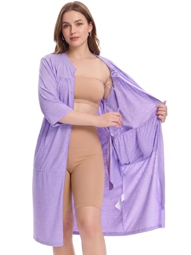 Image of Women's Post Surgery Robe with Drain Pockets Mastectomy Recovery Robe Front Zipper Hospital Gown Pajamas Gift
