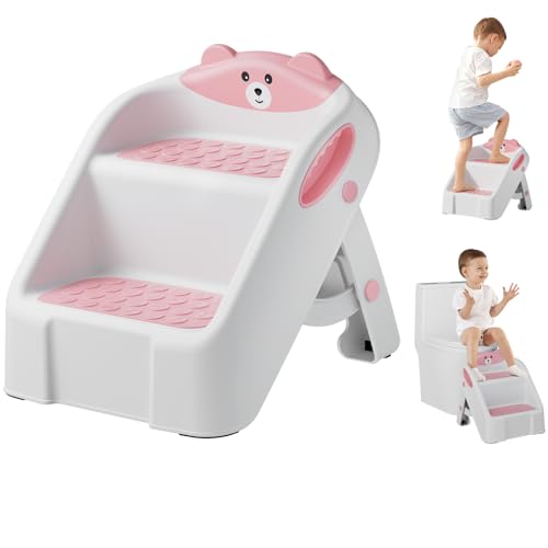 Step Stool for Toddlers, Toddler Step Stool for Bathroom Sink, Foldable Non-Slip Kids Stool with Handle, 2 Step Stools for Kids, Toddler Stool for Kitchen Bedroom Counter Sink