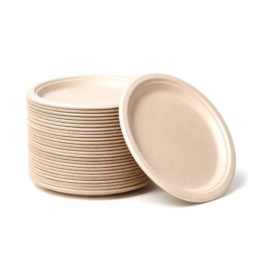 Image of Bonkaso 10 Inch, Pack of 50 Bagasse Disposable Round Plates (Beige)| Eco-Friendly Sugarcane Paper Plates | Biodegradable, Compostable & Sturdy | Ideal for Snacks, Desserts, Parties, Weddings & Events