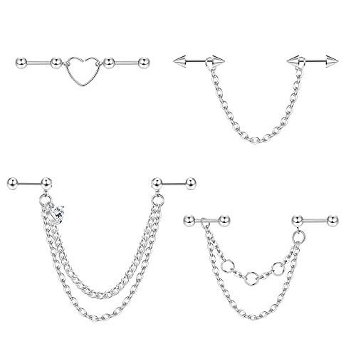 Diamday Boucles d'Oreilles Industrielles avec Chaîne Barbell Piercing Industriel Bijoux 14G 16G Acier Chirurgical Barre Industrielle Piercing Double Cartilage Helix Piercing pour Femme Homme Cover