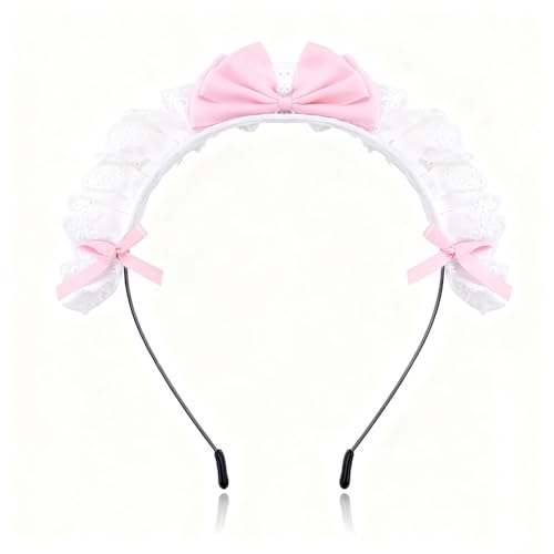Kawaii Lace Headband with Ribbon Lace Maid Headband with Bow Headbands for Women French Maid Costume Accessories Pink Maid Headpiece Head Band with Bowknot Maid Hairband Hair Hoop for Cosplay image 4