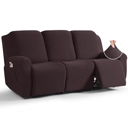 Image of TAOCOCO Recliner Couch Covers for 3 Seat, 8-Pieces Stretch Large Couch Covers for 3 Seats Reclining Slipcovers Soft Jacquard Pattern Furniture Protector, Chocolate
