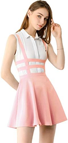 Allegra K Women's Pleated Overall A-Line Elastic Waist Kawaii Braces Suspender Skirt Large Pink