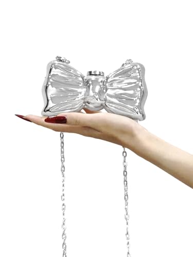 Women's Bow Acrylic Clutch Purses Mini Metallic Handbag Evening Wedding Party Crossbody Bag With Chain3