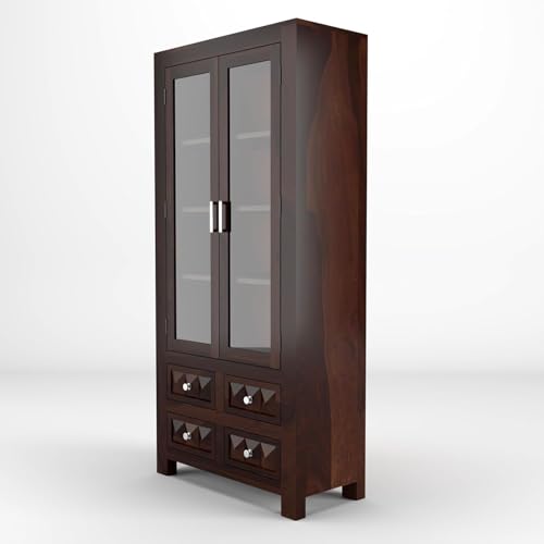 Image of Sheesham Wood Bookcases with 4 Shelves 4 Drawer - Wooden Kitchen Crockery Cabinet for Dining Room Kitchen with Glass Door Book Shelf Wooden Rack for Living Room (Henry Walnut)