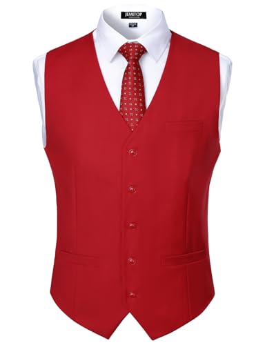 JEMITOP Mens Classic Slim Fit Dress Vest Formal Wedding Prom Business Tuxedo Suit Vest Waistcoat with Pocket Red L