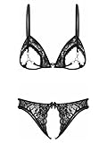 YiZYiF Women's Cut Out Lingerie Set Push Up Lace Appliques Underwire Two Piece Bra and Panty Hollow Out Black Large