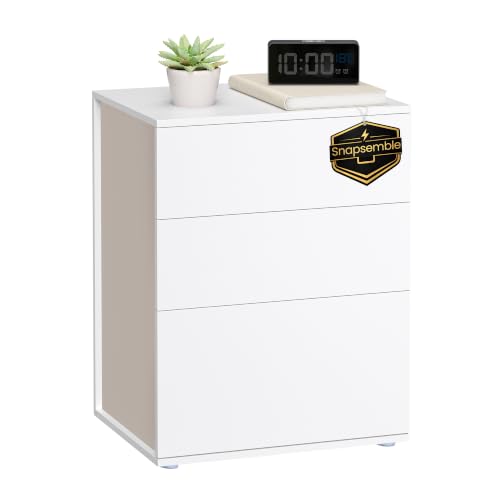 VASAGLE Nachttisch, Snapsemble – superschnelle Montage, Beistelltisch 3 Schubladen, Nachtschrank, Schlafzimmer, Wohnzimmer, mattweiß-cappuccinobeige LET778W01