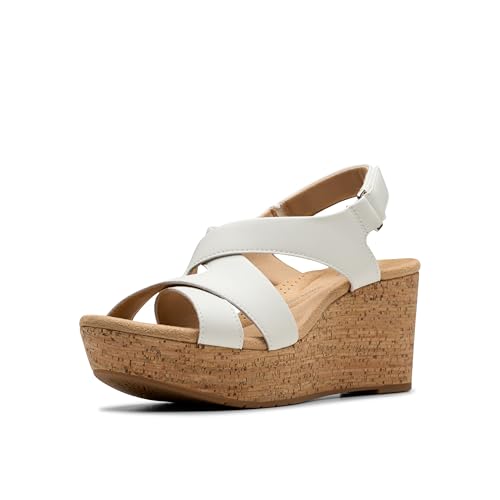 Clarks Collection Women's Rose Style Wedge Sandal, White Leather, 9 Medium US
