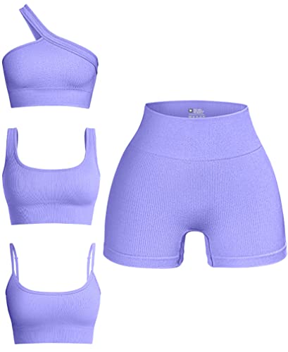 Oqq Women's 4 Piece Outfits Ribbed Seamless Exercise Scoop Neck Sports Bra One Shoulder Tops High Waist Shorts Active Set Purple #TOP21