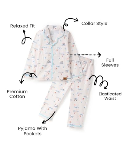 Image of Girls Premium Cotton Full Sleeves Printed Nightsuit Set | Collar Style Night Dress for Girls | Soft & Breathable Pajama Set | Trendy Kids Sleepwear & Nightwear