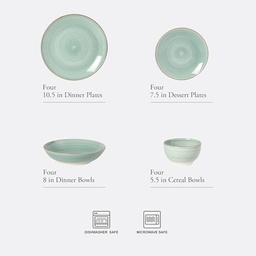 Image of Gibson Home Stonebury 16 Piece Plates and Bowls Teal Dishes - Handpainted Stoneware Dinnerware Set - Service for 4