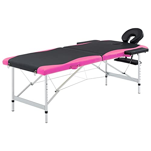 aphrophina Comfortable 2-Zone Foldable Massage Table with Adjustable Height and Arm Supports, Aluminum Frame, Black and Pink