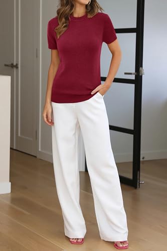 Image of Arach&Cloz Women's Lightweight Wool Blend Short Sleeve Sweater Top Business Casual