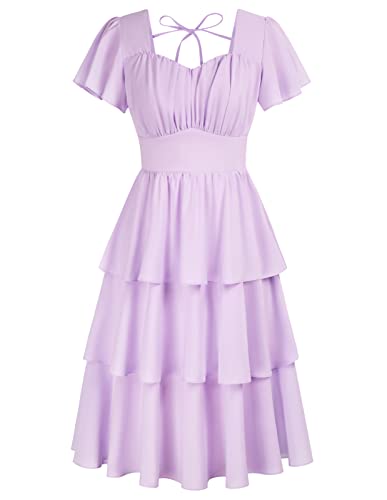 Image of Belle Poque Women's Vintage Square Neck Dress 2026 Summer Short Sleeve Layered Tiered Ruffle A-line Swing Midi Dress