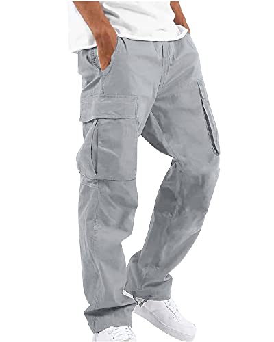 YAOHUOLE Cargo Hosen Männer Lang Leinenhose Herren Leichte Lose Herren Arbeitshosen Regular Fit Grau 2XL