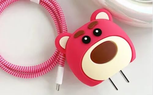 Image of Best HUB Cartoon 3D Design Protective Case Compatible with (Only Samsung Galaxy 25W) USB-C Power Adapter Charger, Cute Cartoon Type C Data Cable Case for Samsung (Pink Bear)
