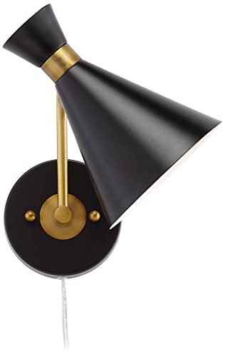 360 Lighting 55K59 Venice Mid Century Modern Wall Lamps Set Of 2 Matte Black Brass Gold Metal Plug-In 6 1/4 Inch Fixture Cone Shade thumb #7