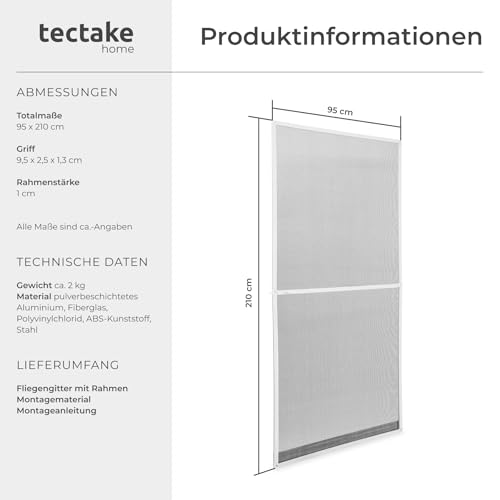tectake® Insektenschutztür, Fliegengitter mit Aluminium Rahmen, zuschneidbarer Insektenschutz für Türen, Fliegengitter Tür, Fliegengitter Balkontür, Fliegenvorhang Terrassentür - weiß, 210x95 cm