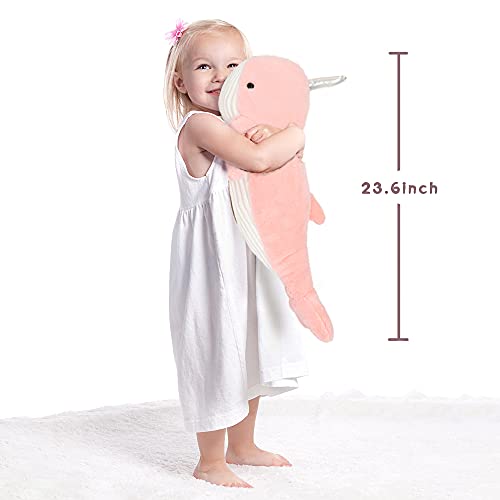 Image of Tezituor 24 Inch Narwhal Stuffed Animal, Hugging Soft Ocean Narwhal Pillow Gift for Girls Kids, Cute Pink Large Stuffed Whale Plush Toy Christmas Deaor Gift