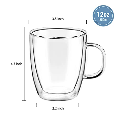 Double Wall Glass Coffee mugs, (Set of 2) 12 Ounces-Clear Glass Coffee Cups with Handle,Insulated Coffee Glass,Cappuccino Cups,Tea Cups,Latte Cups,Beverage Glasses - Thumbnail 2