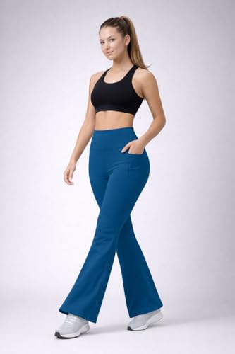 Image of Women's High Waist Bootcut Yoga Pants with Side Pockets | Flared Gym Leggings for Women | Stretchable Workout Bell Bottom Tights for Yoga, Gym, Running & Casual Wear Pack of 2