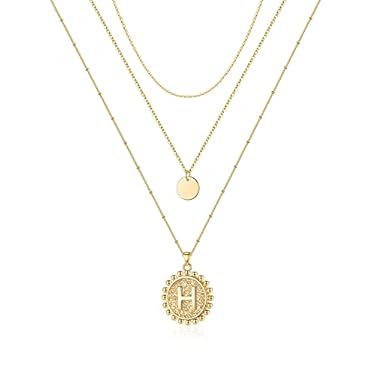 AMAZON - MONOZO Layered Initial Necklaces for Women, 14K Gold Plated Layering Disc Choker Necklace Handmade Letter H Pendant Coin Initial Necklace Layered Necklaces for Women Trendy Gold Necklace for Women