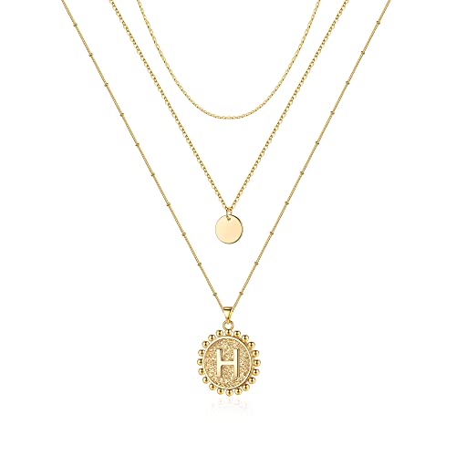 MONOZO Layered Initial Necklaces for Women, 14K Gold Plated Layering Disc Choker Necklace Handmade Letter H Pendant Coin Initial Necklace Layered Necklaces for Women Trendy Gold Necklace for Women