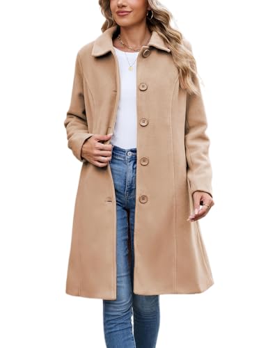 Image of UANEO Womens Pea Coat Faux Wool Single Breasted Long Trench Coat Peacoat Dress Coat Winter (Camel-M)