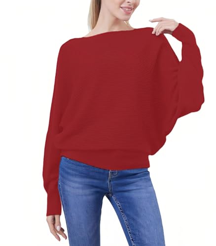 YINNORE Boat Neck Batwing Sleeves Dolman Knitted Sweaters and Pullovers Tops for Women Multicolor (Wine)