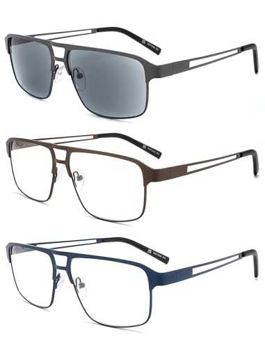 MODFANS Un Pack de 3 Gafas de Lectura Hombre Anti Luz Azul,Rectangular Metal Acero Inoxidable,Lente Clara,Vision Clara,Ligeras Comodas,Colores Mezclados
