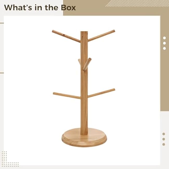 Kitchen Organizer Space-Saving, Coffee Cup Holder Wooden Freestanding, Kitchen Countertops Wood Color, Mug Tree Coffee with Six Hooks