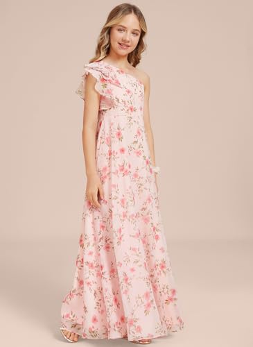 Junior Bridesmaid Dress for Teen Girls, Flower Girl Dresses A-line One Shoulder Floor-Length Chiffon3