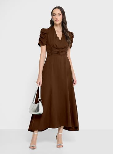 Image of Sugathari Women Women's V-Neck Maxi Dress, A-Line Style, Puff Sleeves, Cinched Waist 246