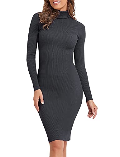 PrettyGuide Women Slim Fit Ribbed Turtleneck Long Sleeve Midi Length Sweater Dress Gray XL
