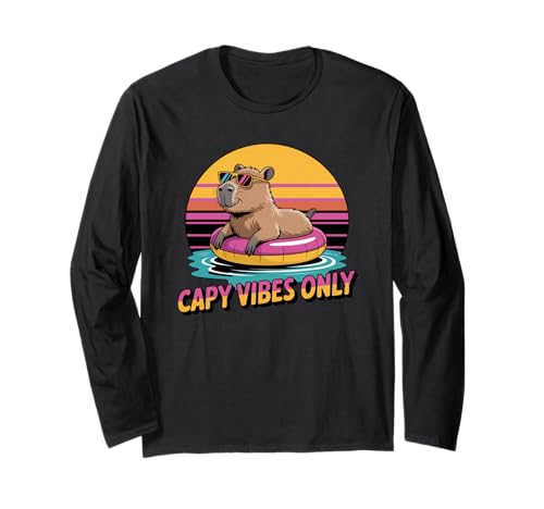 Capy Vibes Only Retro Sunset Capybara Summer Vacation Long Sleeve T-Shirt