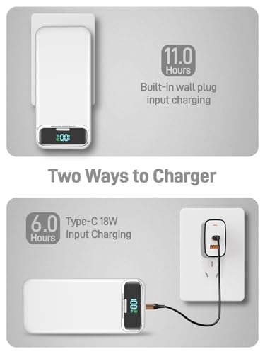 Image of Nusyddy Portable Charger 20000mAh 22.5W w /Built-in Cables & Wall Plug White | 22.5W Fast Charging, High Capacity, LED Display, Charge 5 Devices at once, TSA Approved, Compatible with iPhone /iPad /Samsung