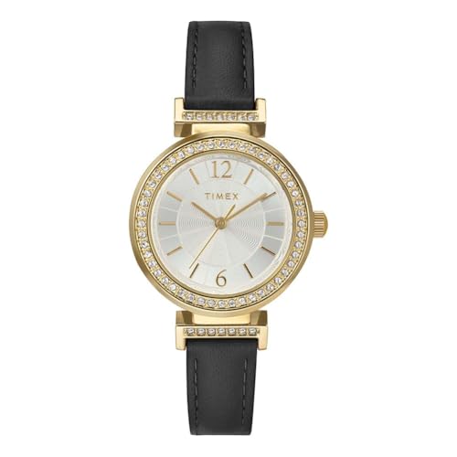 Montre Timex femme chic pour le bureau : boîtier doré 31 mm et bracelet en cuir noir souple