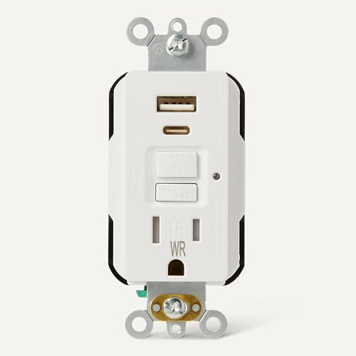 Image of Amazon Basics Weather Resistant GFCI Receptacle with USB-A and USB-C Ports, 15 Amp Self-Test Outlet, Tamper Resistant, White, 1 Pack