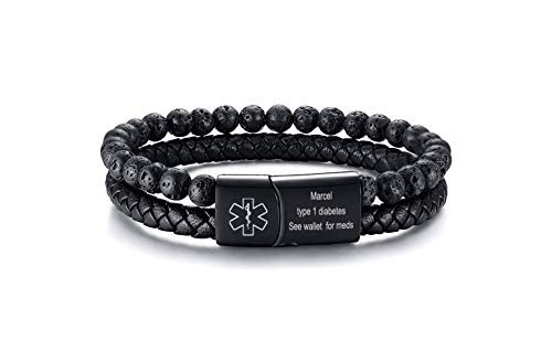 VNOX Custom Engraving Medical Alert ID Two-Strand Braided Leather Cuff Wristband Rope Bracelet with Magnetic Clasp for Men Boys