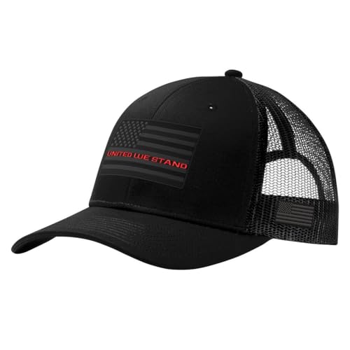 United We Stand - American Red Line Flag Firefighter Support Mens Stealth Patriotic Trucker Hat (Black/Black Hat One Size)